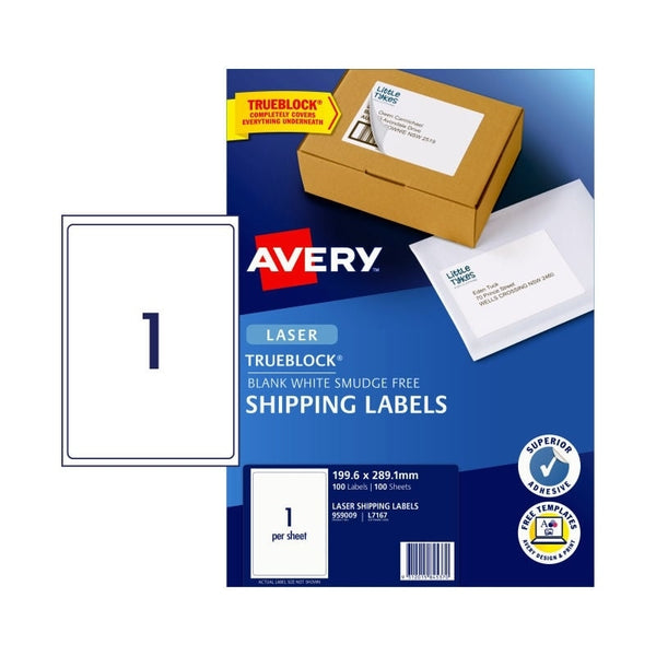 Avery #959009 TrueBlock LASER Shipping Labels 1UP 199.6 x 289.1 mm - L7167 (100 Labels/100 sheets)