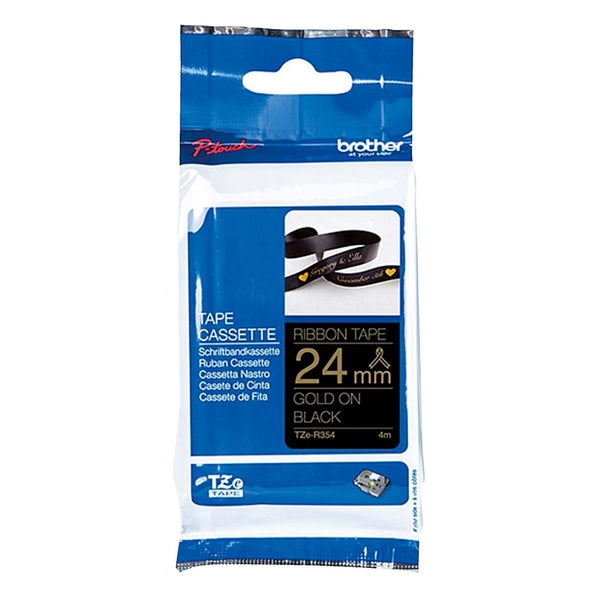 5 x Brother TZe-R354 TZeR354 Original 24mm Gold Text on Black Ribbon Tape - 4 metres