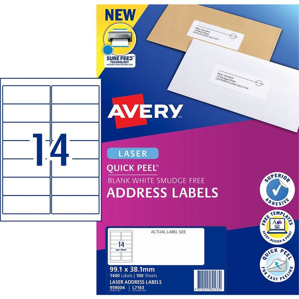 AVERY #959004 Quick Peel White Address Labels with Sure Feed LASER 14UP 99.1 x 38.1mm - L7163 (1400 Labels/100 Sheets)