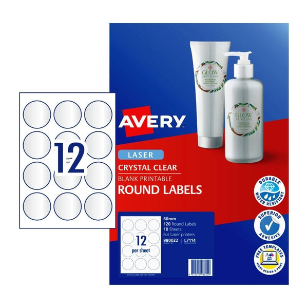 Avery #980022 Crystal Clear Laser Round Labels 12UP 60mm - (120 Labels/10 Sheets)