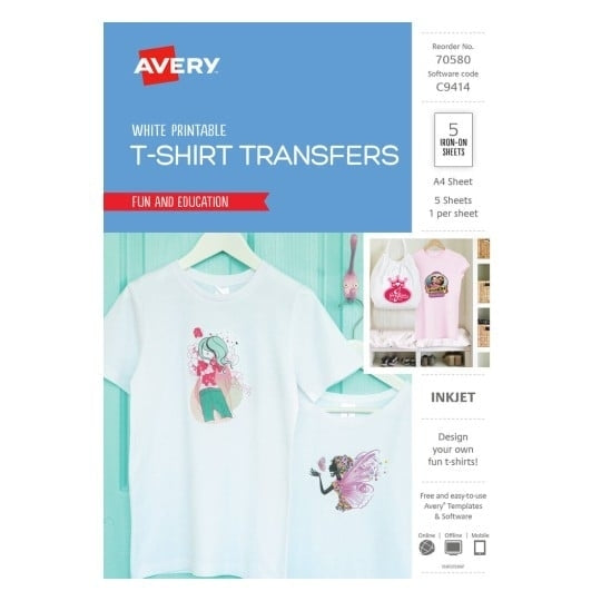 Avery #70580 A4 Inkjet T-Shirt Transfer For Light Colours Fabric - C9414 (5 Sheets)