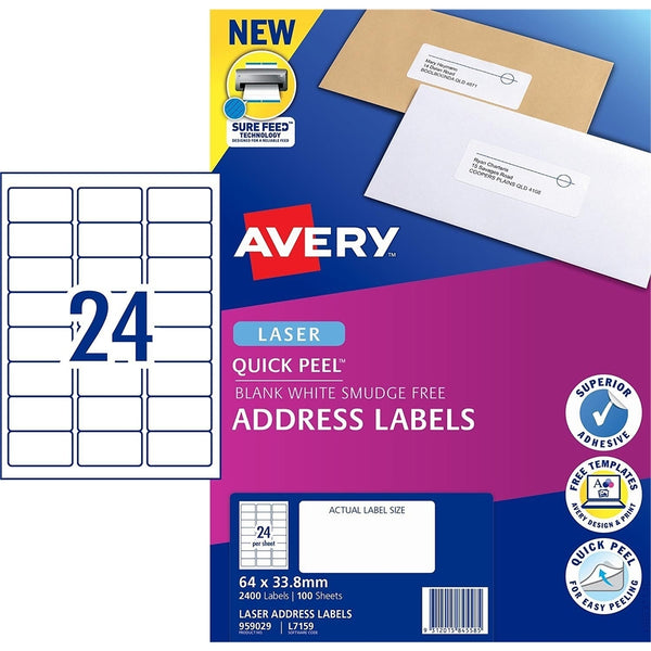 AVERY #959029 Quick Peel White Address Labels with Sure Feed LASER 24UP 64 x 33.8mm - L7159 (2400 Labels/100 Sheets)