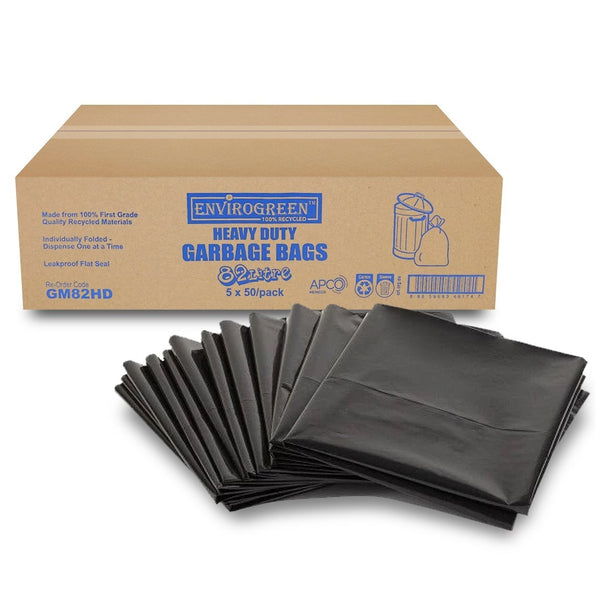 Heavy Duty 82L Black Recycled Garbage Bags 90x79cm - 250 Bags