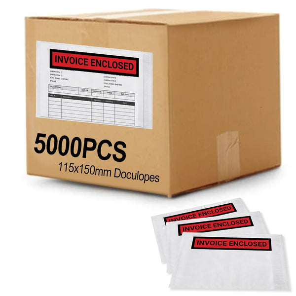 5000PCS 'INVOICE ENCLOSED' 115mm x 150mm Doculopes Sticker Pouch Document Envelope - Clear