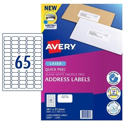 AVERY #959071 Quick Peel White Address Labels with Sure Feed LASER 65UP 38.1 x 21.2mm - L7651 (6500 Labels/100 Sheets)