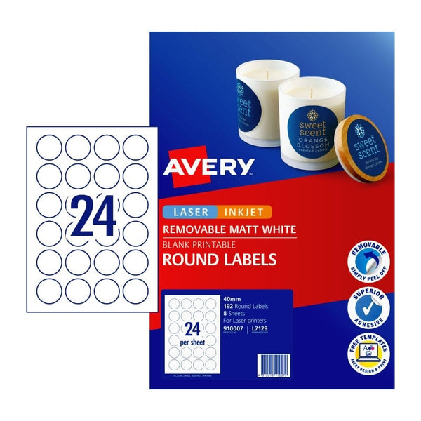 Avery #910007 White Matte Laser Inkjet Removable Round Labels 24UP 40mm - L7129 (192 Labels/8 Sheets)