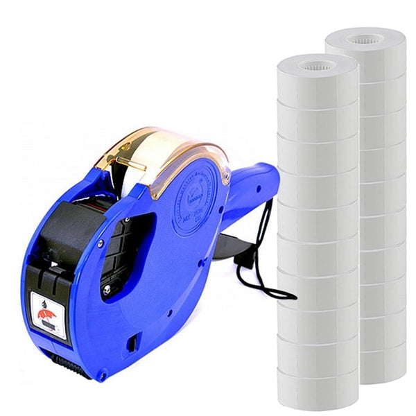 Double Line 10-Digit  Pricing Gun MX-2616 EOS - Blue + 20 Rolls Plain White Price Labels 26x16mm