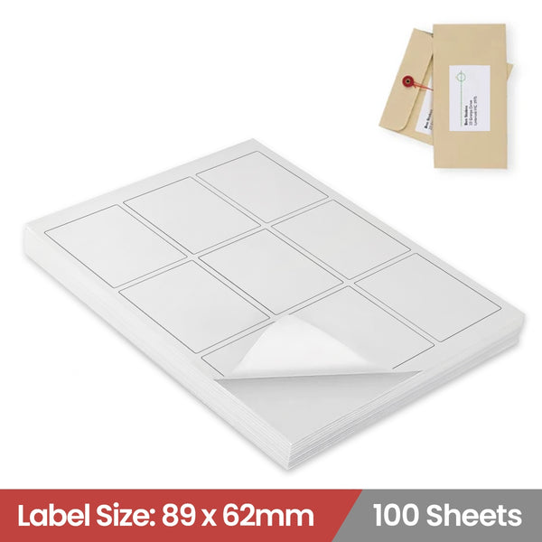 100 Sheets A4 White Self Adhesive Paper Address Mailing Laser Inkjet Sticker Labels 89 x 62mm - 9 Labels Per Sheet