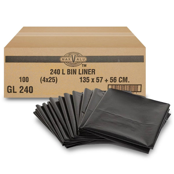 Heavy Duty 240L Black Bin Liners 135x57+56cm - 100 Bags