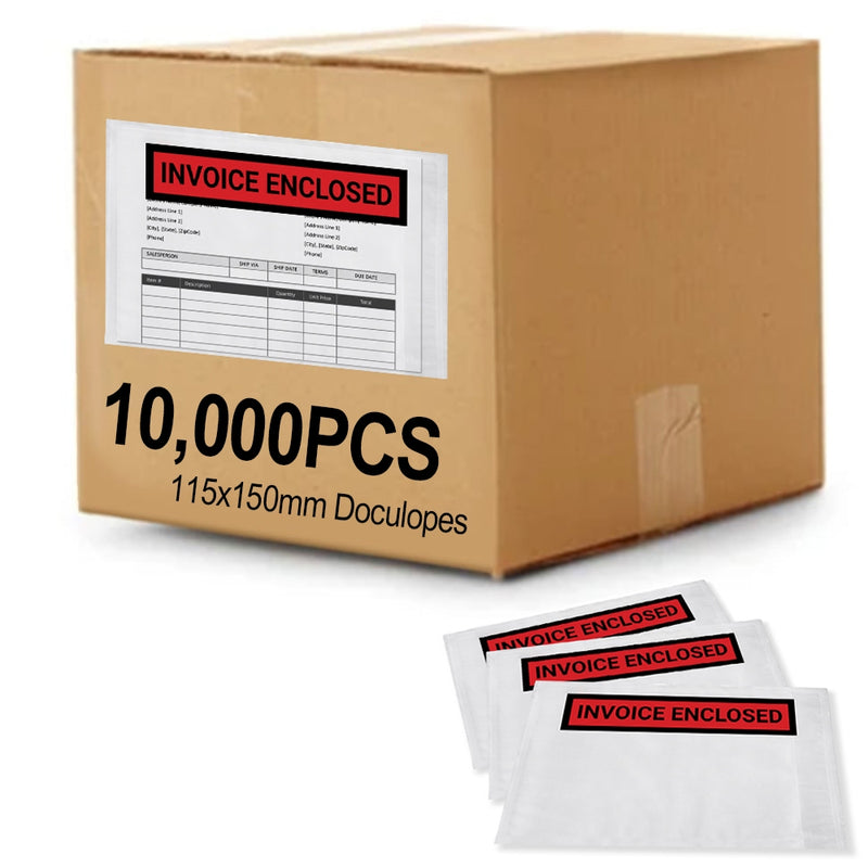 10,000PCS 'INVOICE ENCLOSED' 115mm x 150mm Doculopes Sticker Pouch Document Envelope - White