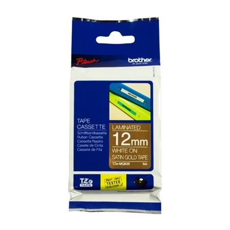 Brother TZe-MQ835 TZeMQ835 Original 12mm White On Satin Gold Laminated Tape - 5 metres