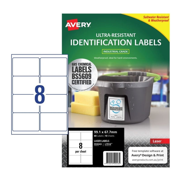 Avery #959243 White Ultra Resistant Chemical Grade Laser Labels 8UP 99.1 x 67.7mm - L7914 (80 labels/10 sheets)