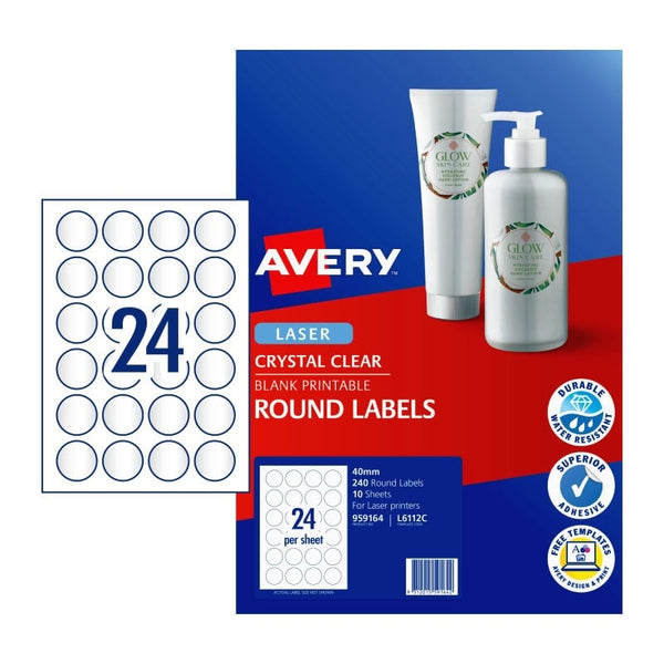 Avery #959164 Crystal Clear Laser Round Labels 24UP 40mm - (240 Labels/10 Sheets)