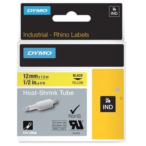 Dymo SD18056 Original 12mm Black Text on Yellow Heat-Shrink HeatShrink Tube Industrial Rhino Label Cassette - 1.5 meters