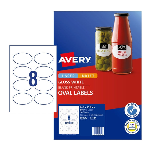 Avery #980012 White Glossy Laser Inkjet Oval Labels 8UP 84.7 x 50.8mm - L7127 (80 Labels/10 Sheets)