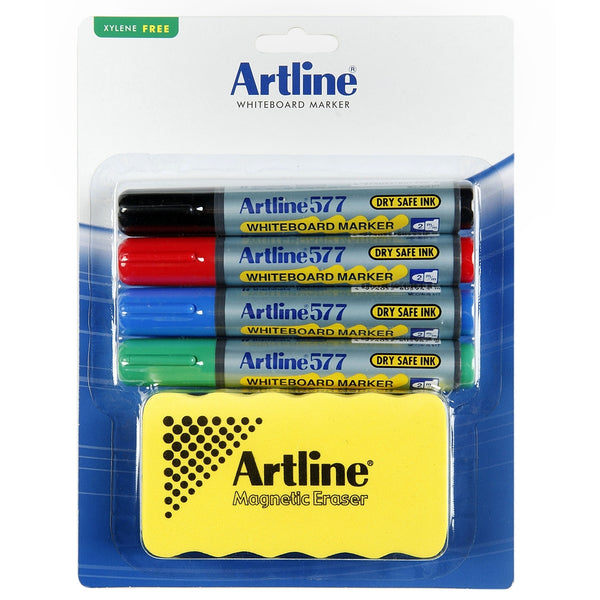 Artline 577 Whiteboard Marker 3mm Bullet Tip Assorted Colours with Magnet Eraser