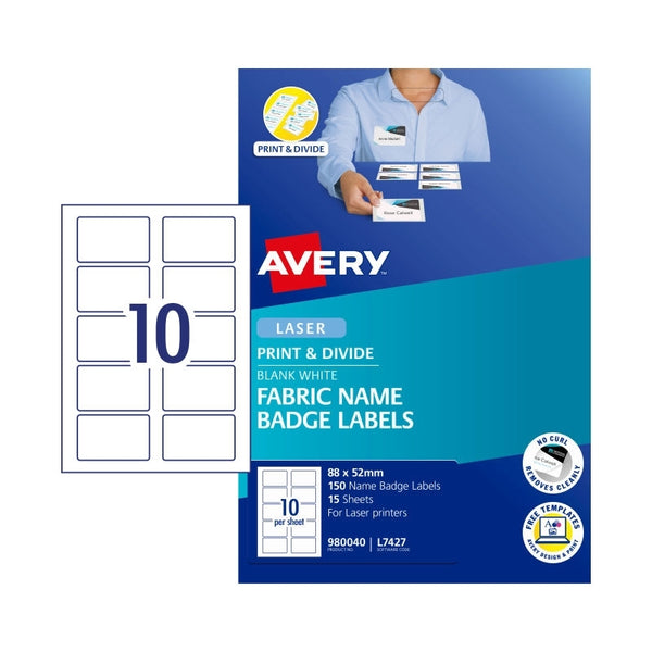 Avery #980040 Fabric Laser Name Badge Labels 10UP 88mm x 52mm - L7427 (150 Labels/15 Sheets)