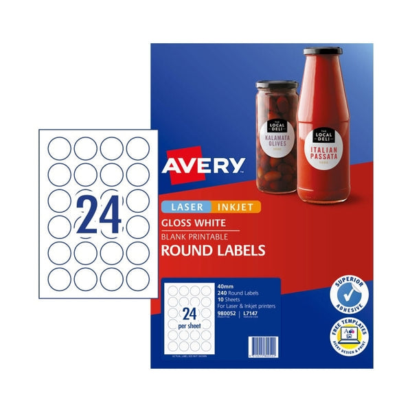 Avery #980052 White Glossy Laser Inkjet Round Labels 24UP 40mm - L7147 (240 Labels/10 Sheets)