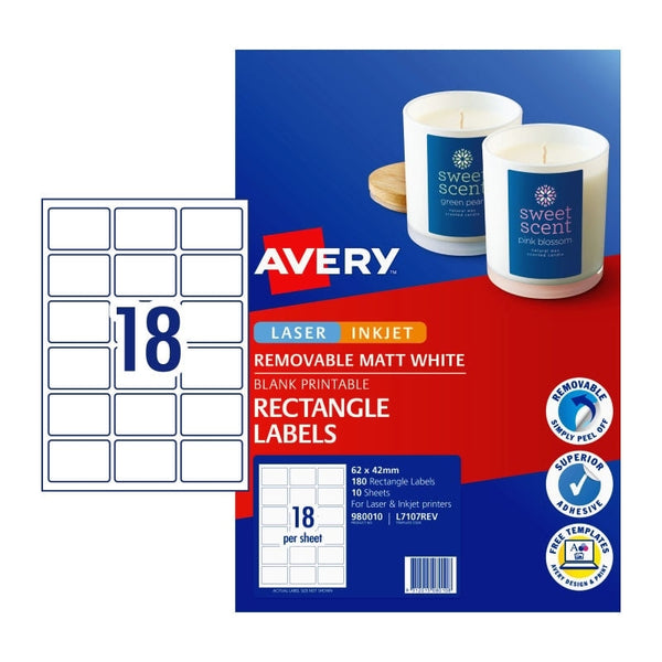 Avery #980010 White Matte Laser Inkjet Removable Rectangle Labels 18UP 62 x 42mm - L7017REV (180 Labels/10 Sheets)