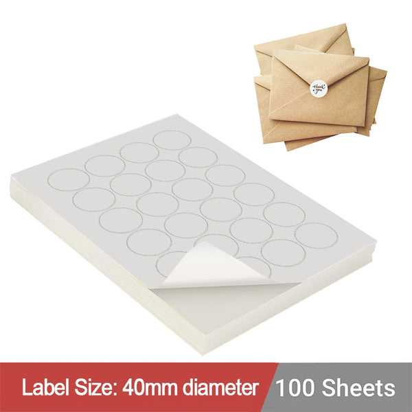 1000 Sheets A4 White Self Adhesive Paper Laser Inkjet Sticker Labels 40mm Round - 24 Labels Per Sheet