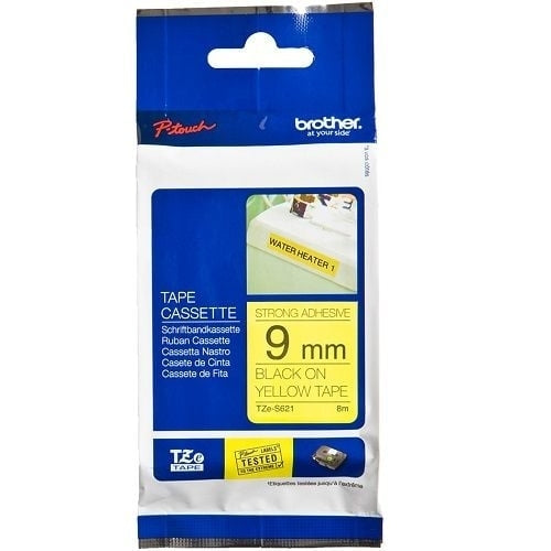 Brother TZe-S621 TZeS621 Original 9mm Black Text on Yellow Strong Adhesive Laminated Tape - 8 metres