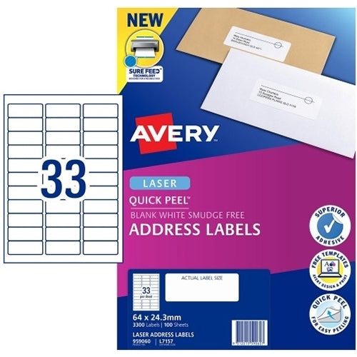 AVERY #959060 Quick Peel White Address Labels with Sure Feed LASER 33UP 64 x 24.3mm - L7157 (3300 Labels/100 Sheets)