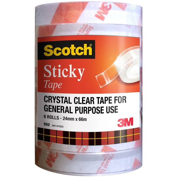 6 Rolls Scotch 502 Crystal Clear Tape 24mm x 66m