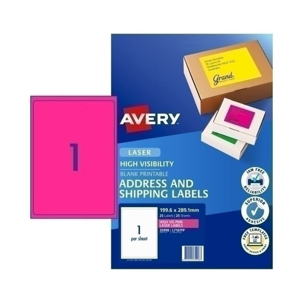 Avery #35998 Fluoro Pink High Visibility Laser Shipping Labels 1UP 199.6 x 289.1mm - L7167FP (25 Labels/25 Sheets)