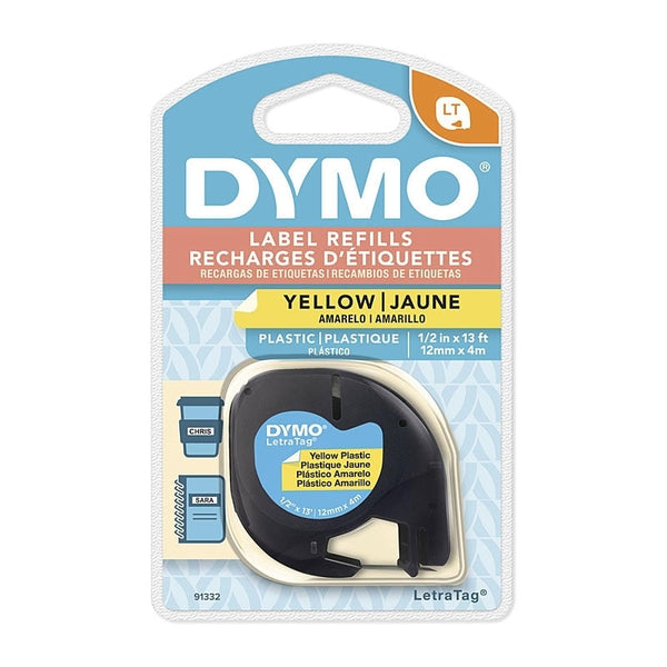 5 x Dymo 91332 Original 12mm x 4m Black On Yellow LetraTag Plastic Tape