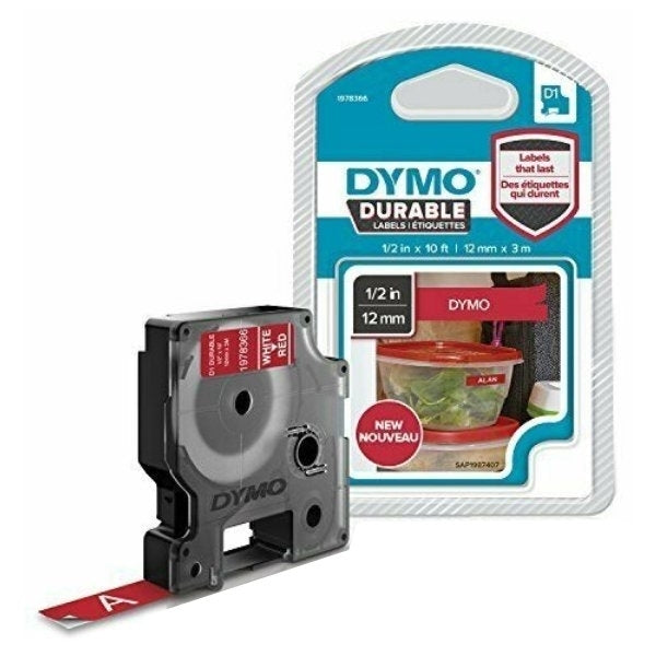 5 x Dymo SD1978366 Original 12mm x 3m White On Red D1 Durable Label Tape