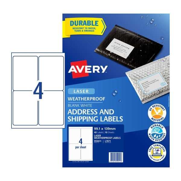 Avery #959411 Weatherproof Laser Shipping Labels 4UP 139 x 99.1 mm - L7071 (40 Labels/10 Sheets)