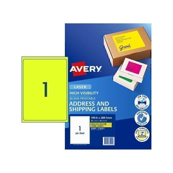 Avery #35999 Fluoro Yellow High Visibility Laser Shipping Labels 1UP 199.6 x 289.1mm - L7167FY (25 Labels/25 Sheets)