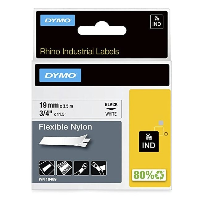 Dymo SD18489 Original 19mm Black Text on White Flexible Nylon Industrial Rhino Label Cassette - 3.5 meters