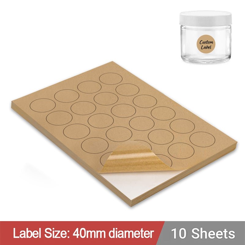 10 Sheets A4 Kraft Brown Paper Laser Inkjet Sticker Labels 40mm Round - 24 Labels Per Sheet