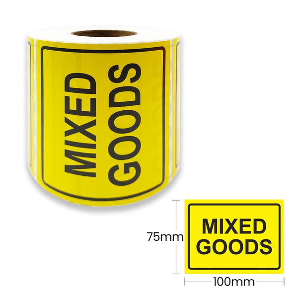 MIXED GOODS Label 100x75mmin Fluro Yellow Adhesive Warning Sticker  (500 Labels per Roll)