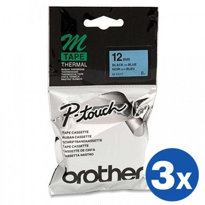 3 x Brother M-K531 MK531 Original 12mm Black Text on Blue Tape - 8 meters