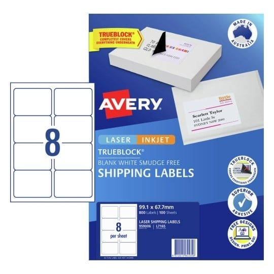 Avery #959006 TrueBlock LASER Shipping Labels 8UP 99.1 x 67.7 mm - L7165 (800 Labels/100 sheets)