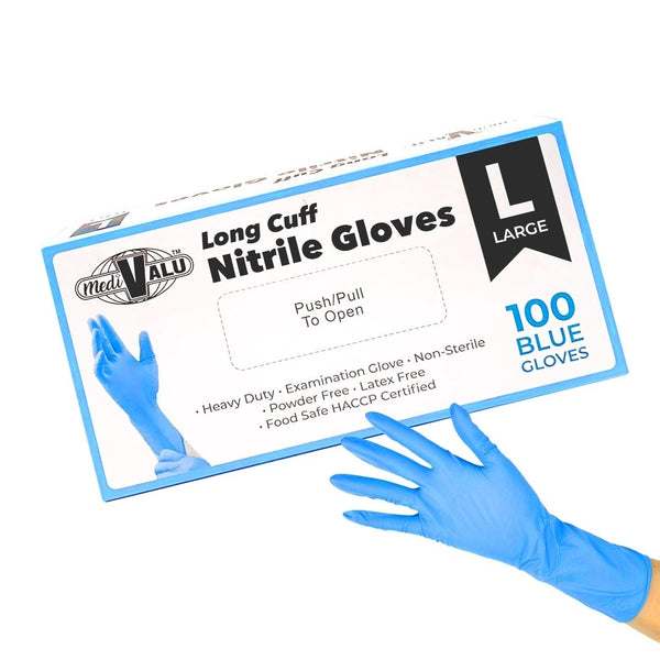 Long Cuff Heavy Duty Nitrile Examination Gloves Food Safe Certified Blue Pack of 100 - Large