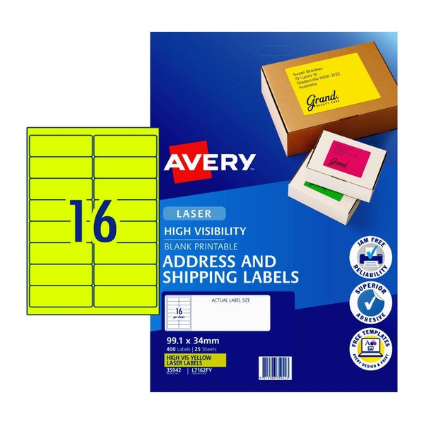 Avery #35942 Fluoro Yellow High Visibility Laser Shipping Labels 16UP 99.1 x 34mm - L7162FY (400 Labels/25 Sheets)