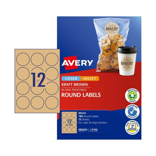 Avery #980002 Kraft Brown Laser Inkjet Round Labels 12UP 60mm - (180 Labels/15 Sheets)