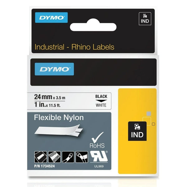 Dymo 1734524 Original 24mm Black Text on White Flexible Nylon Industrial Rhino Label Cassette - 3.5 meters