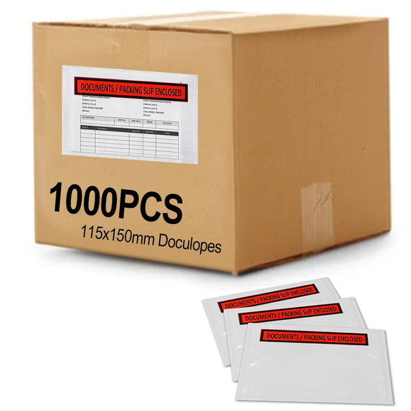 1000PCS 'DOCUMENTS / PACKING SLIP ENCLOSED' 115mm x 150mm Doculopes Sticker Pouch Document Envelope - White