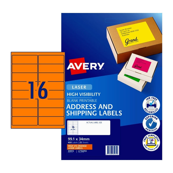 Avery #35972 Fluoro Orange High Visibility Laser Shipping Labels 16UP 99.1 x 34mm - L7162FO (400 Labels/25 Sheets)