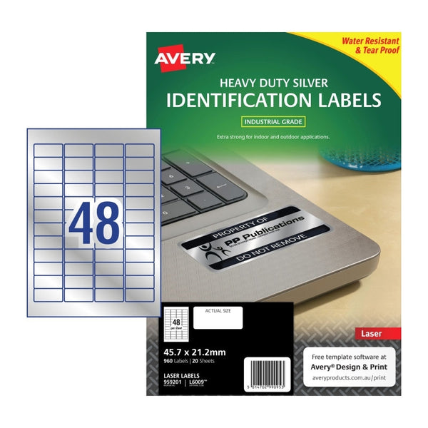 Avery #959201 Silver Heavy Duty Identification Laser Labels 48UP 45.7 x 21.2mm - L6009 (960 labels/20 sheets)