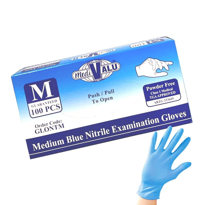 Blue Nitrile Gloves Latex and Powder TGA Approved Examination Gloves Pack of 100 - Medium
