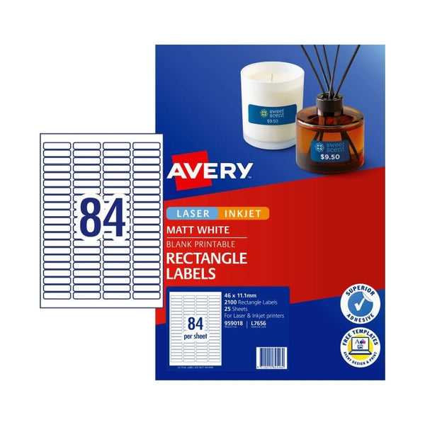 Avery #959018 White Matte Laser Inkjet Rectangle Labels 84UP 46 x 11.1mm - (2100 Labels/25 Sheets)