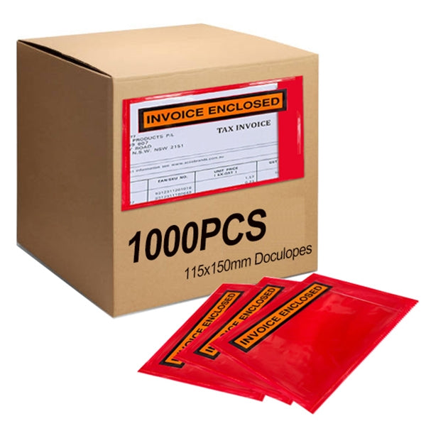 1000PCS 'INVOICE ENCLOSED' 115mm x 150mm Doculopes Sticker Pouch Document Envelope - Red